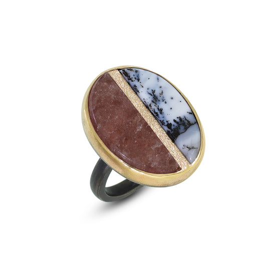 raspberry quartz dendritic agate gold inlay ring