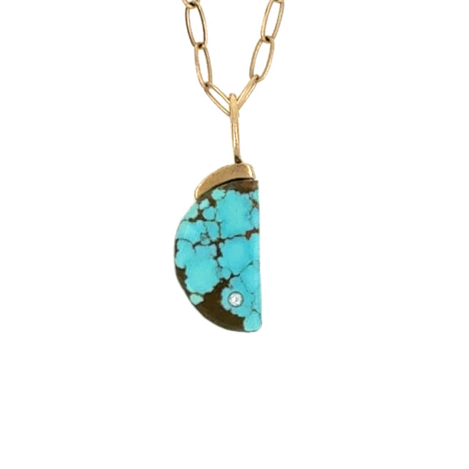 Turquoise Matrix and Diamond Gold Moon Charm