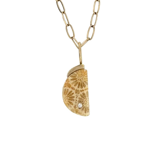 Fossilized Coral and Diamond Gold Moon Charm