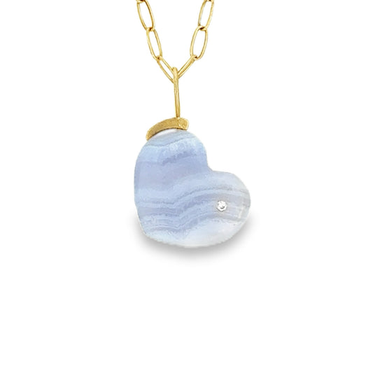 Blue Lace Agate and Diamond Gold Heart Pendant
