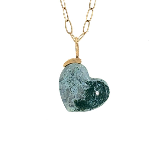 Moss Agate and Diamond Gold Heart Charm