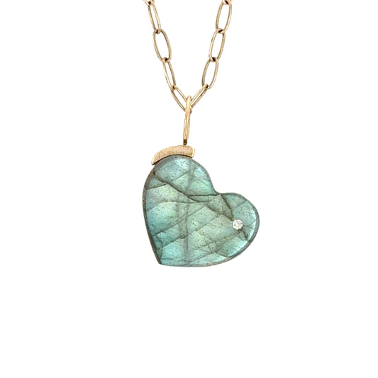 Blue Labradorite and Diamond Gold Heart Charm