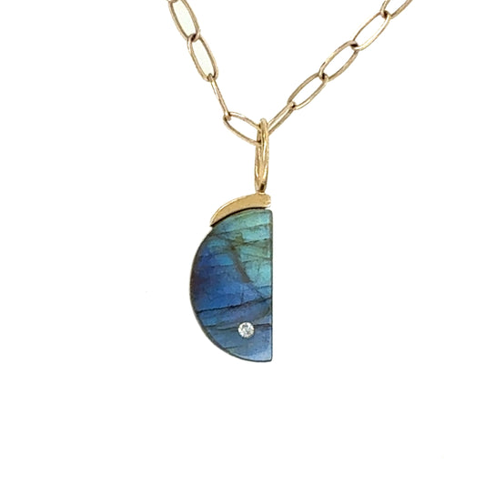Blue Labradorite and Diamond Gold Moon Charm