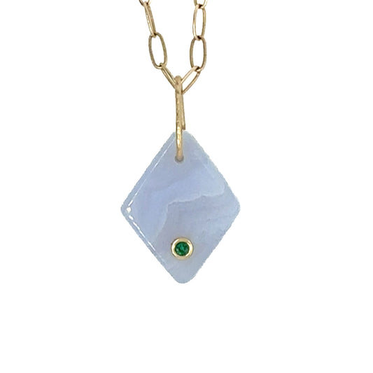 Blue Lace Agate and Emerald Gold Diamond Charm