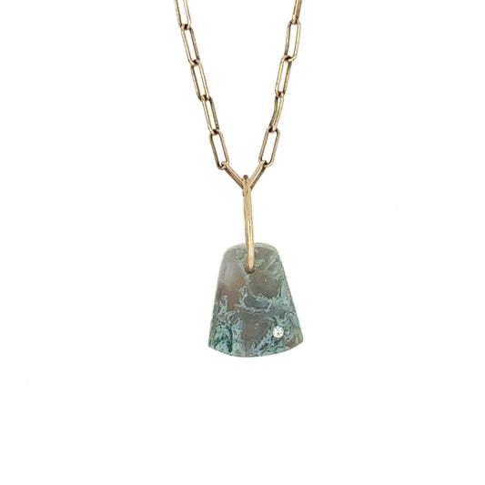 White and Green Moss Agate and Diamond Gold Pebble Charm