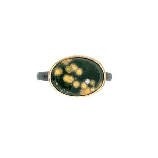 Ocean Jasper and Diamond Elliptical Orbit Gold Ring
