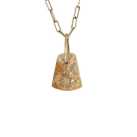 Fossilized Coral and Diamond Gold Pebble Charm