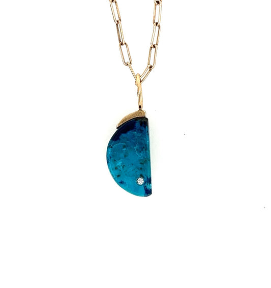 Shattuckite and Diamond Gold Moon Charm