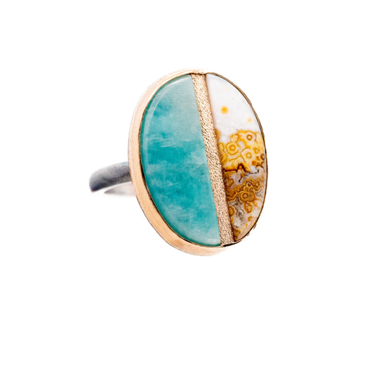amazonite and java lace agate inlay gold ring
