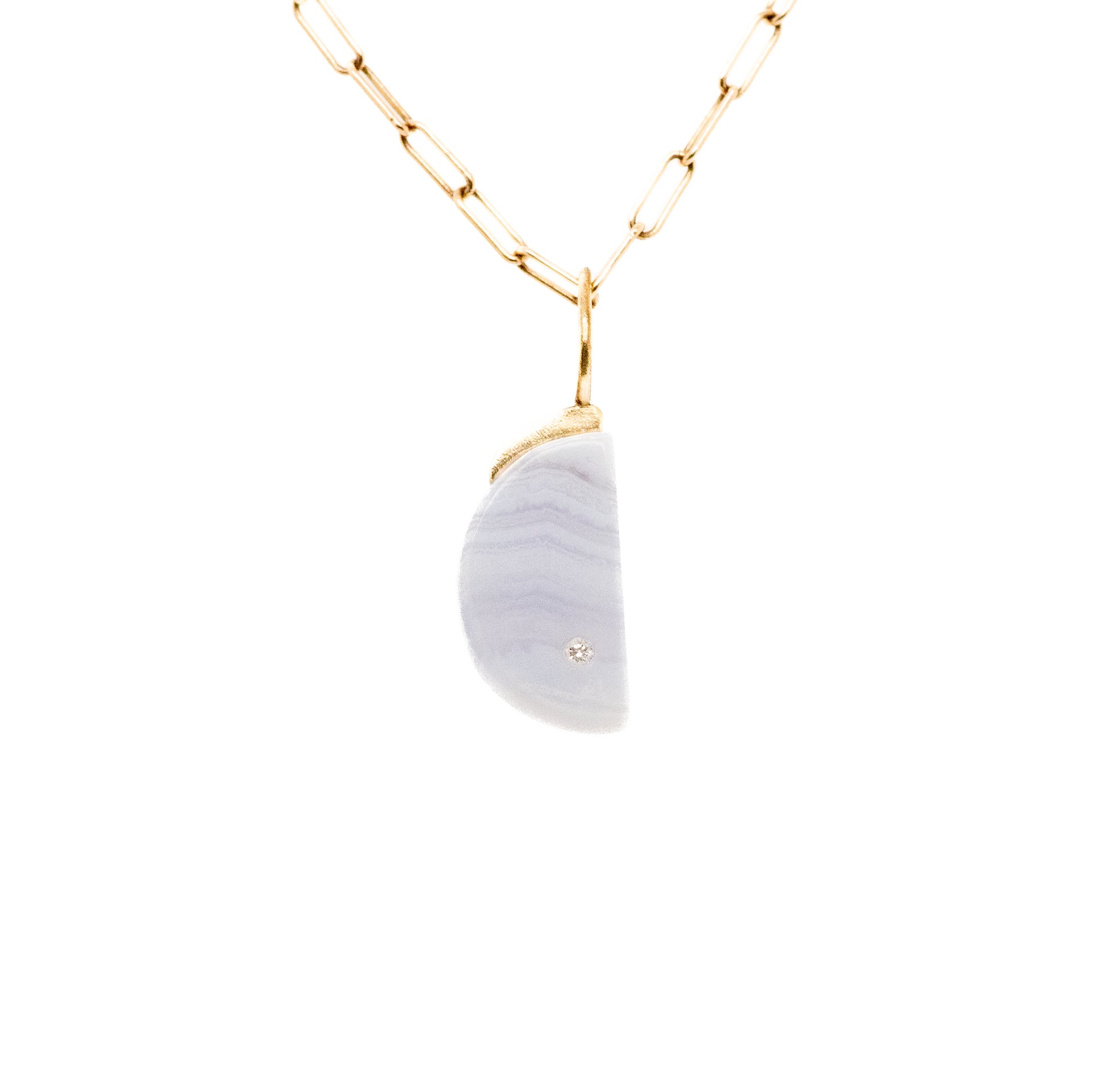 blue lace agate and diamond gold moon charm 