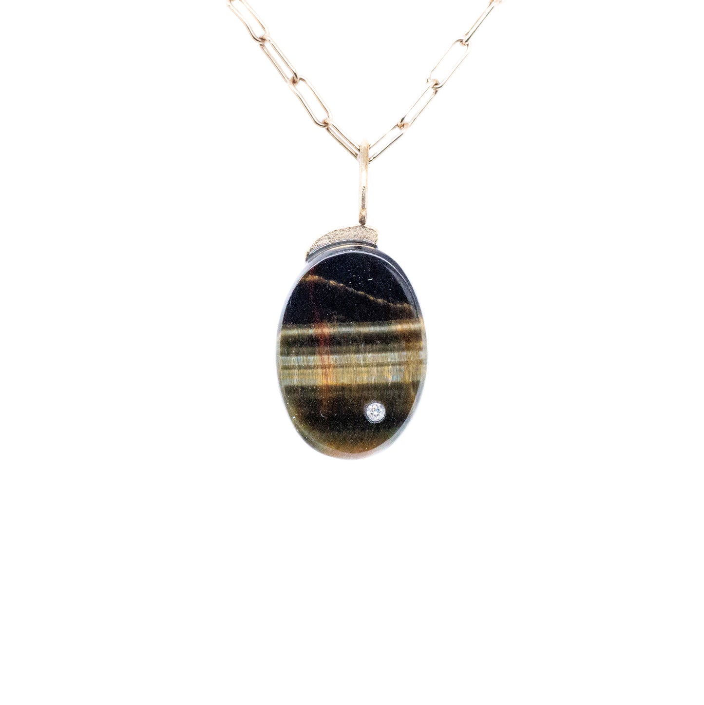 Blue Tiger Eye and Diamond Gold Oval Charm