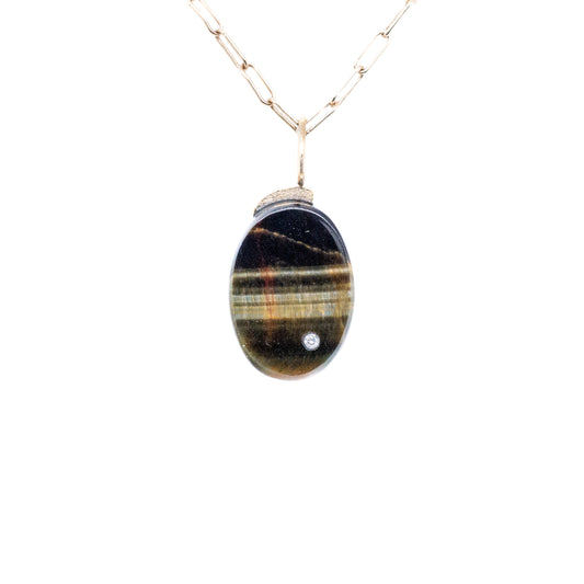 Blue Tiger Eye and Diamond Gold Oval Charm