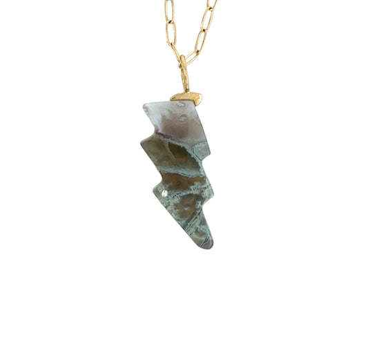 Moss Agate and Diamond Gold Bolt Charm