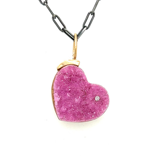 Cobalto Calcite Pink Druzy and Diamond Gold Heart Pendant