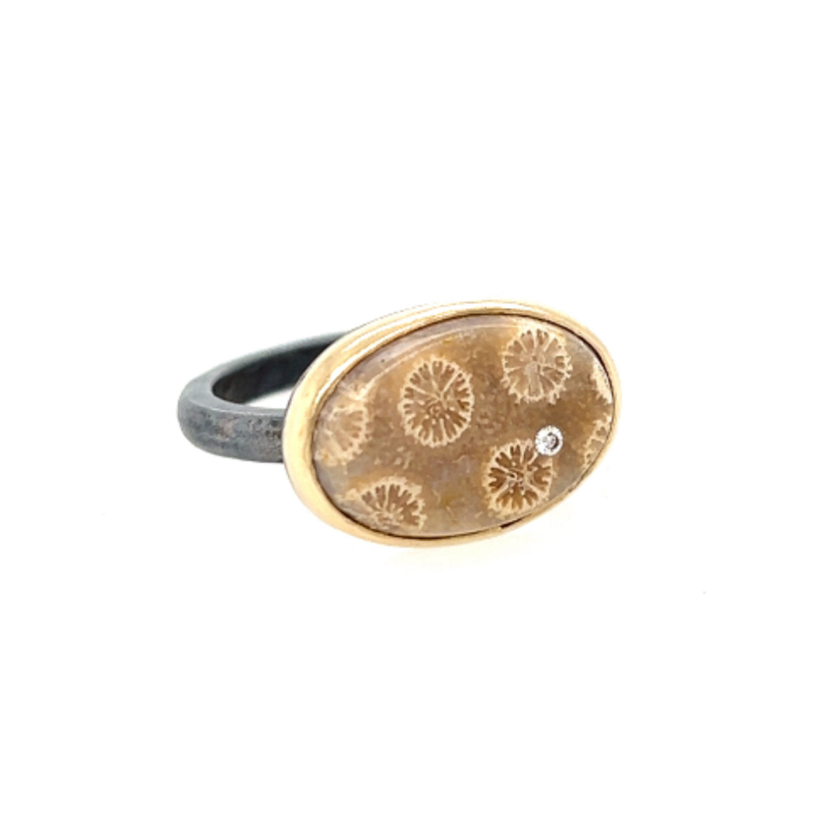 Fossilized Coral and Diamond Elliptical Orbit Gold Ring