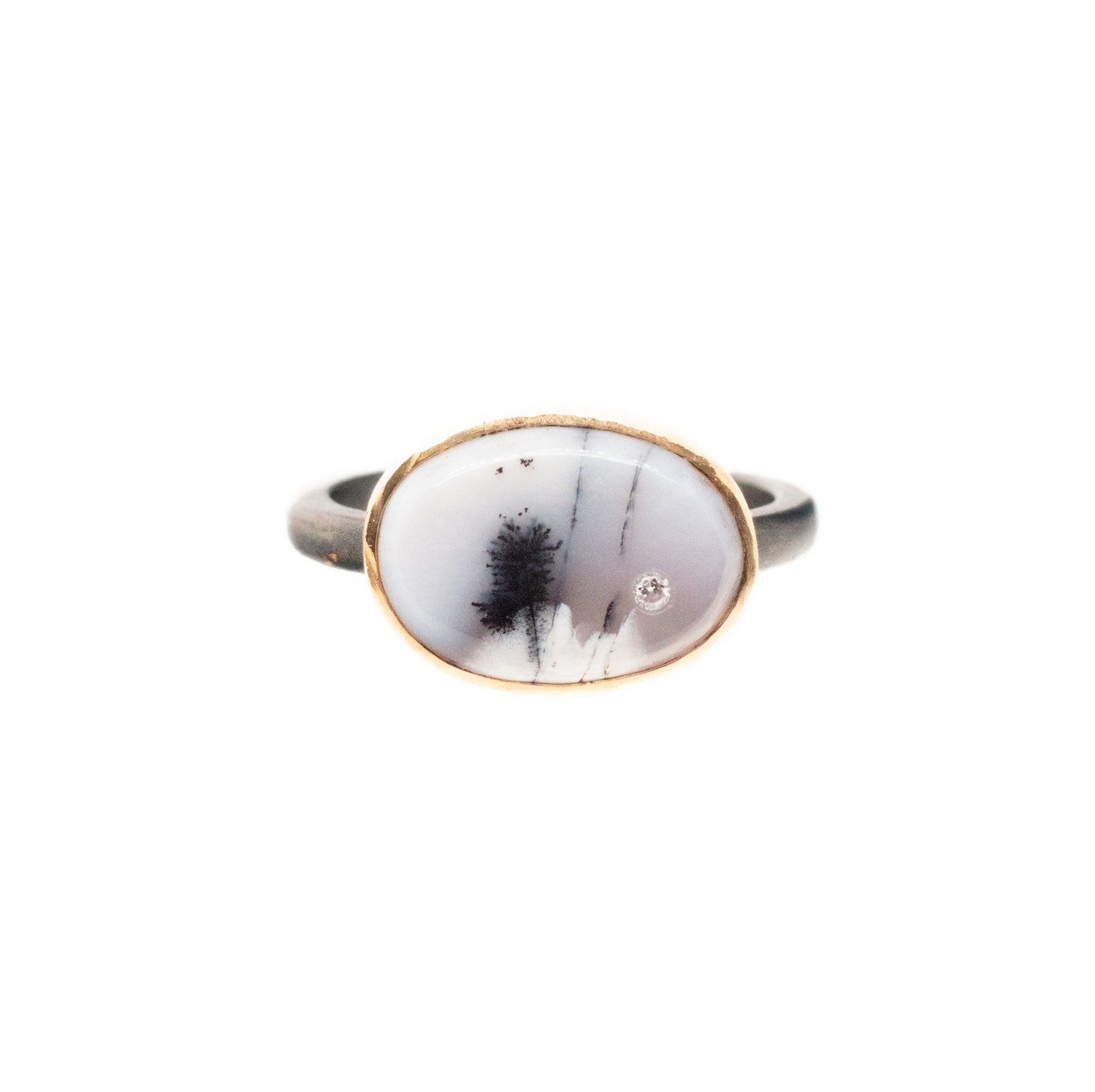 dendritic agate and diamond gold ring