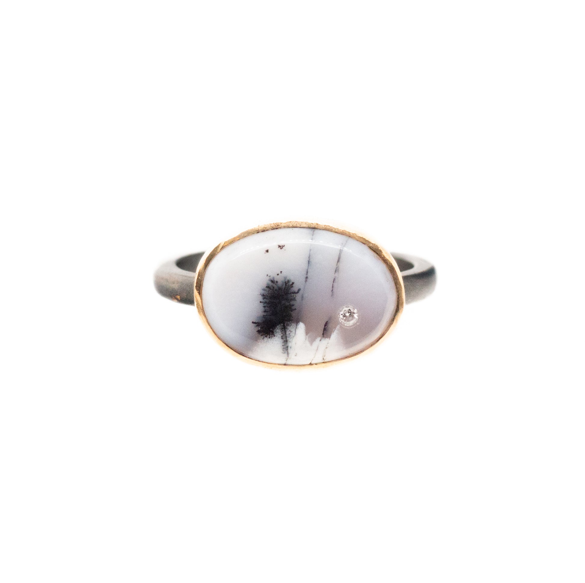dendritic agate and diamond gold ring