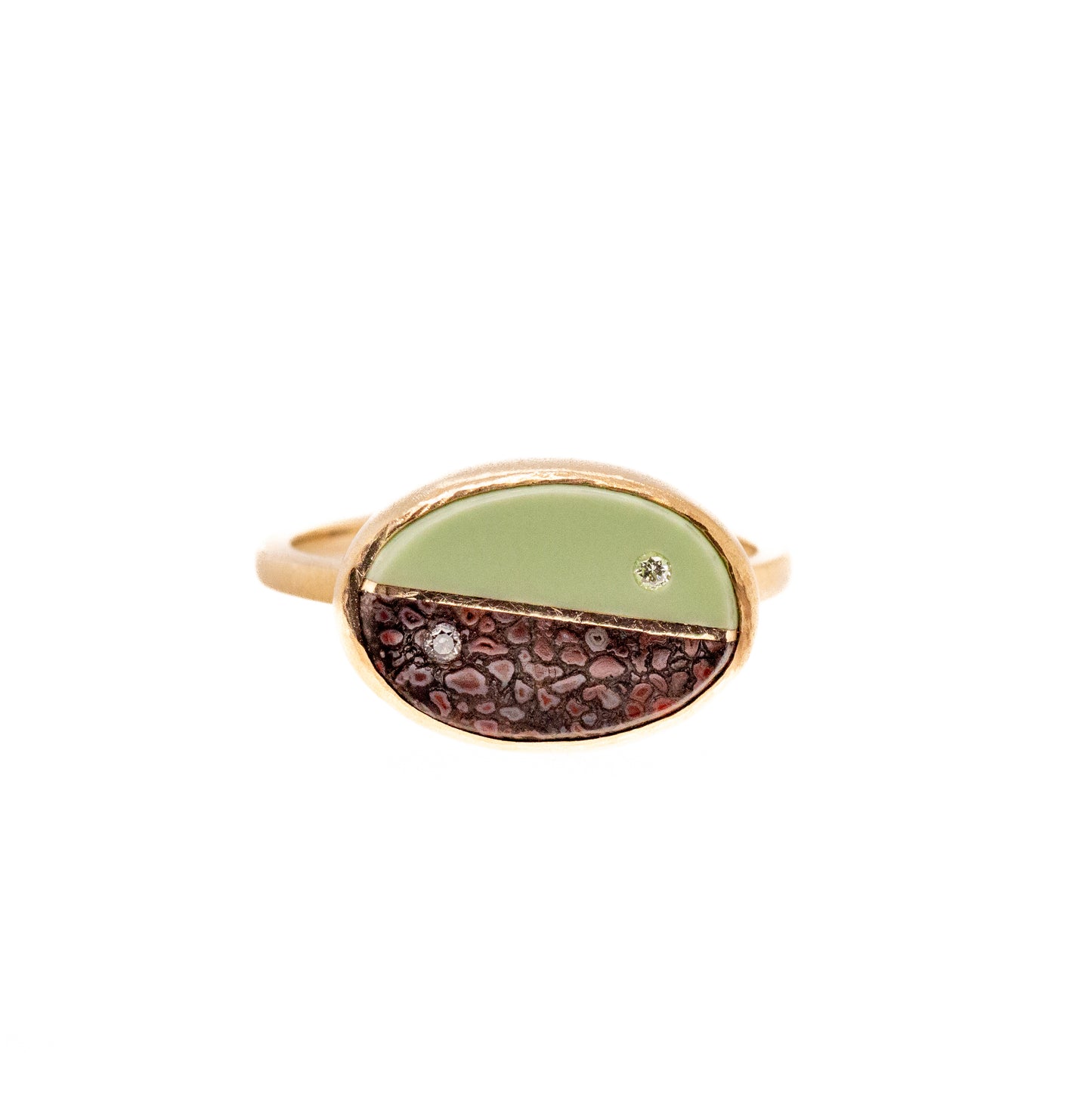 Dinosaur Bone, Chrysoprase and Diamonds Equinox Intarsia Gold Ring