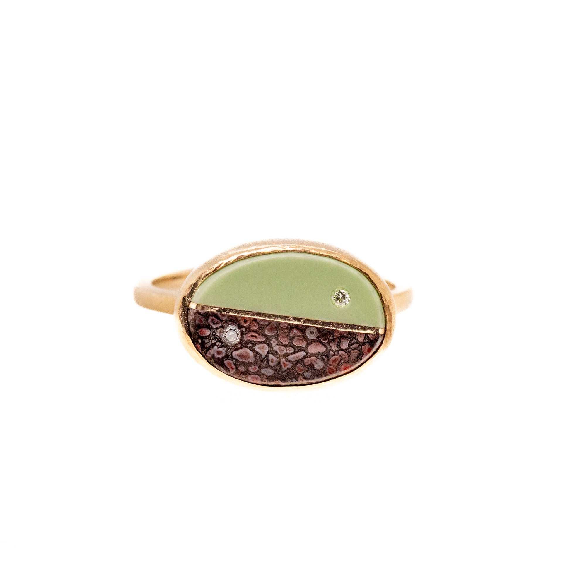 Dinosaur Bone, Chrysoprase and Diamonds Equinox Intarsia Gold Ring