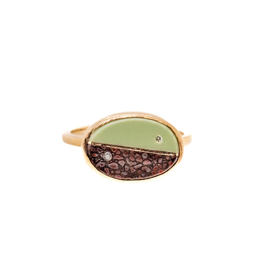 Dinosaur Bone, Chrysoprase and Diamonds Equinox Intarsia Gold Ring