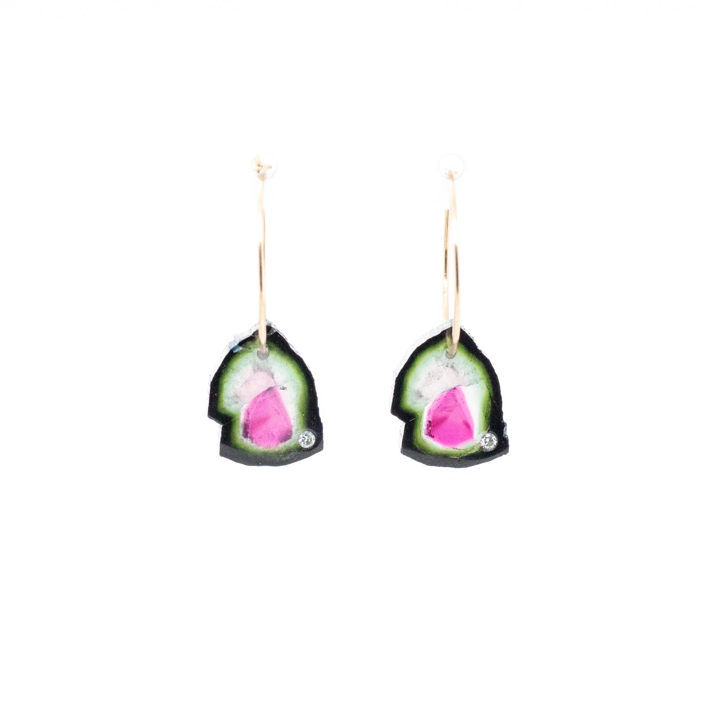Dark Green and Pink Tourmaline Slice and Diamond Gold Hoop Earrings
