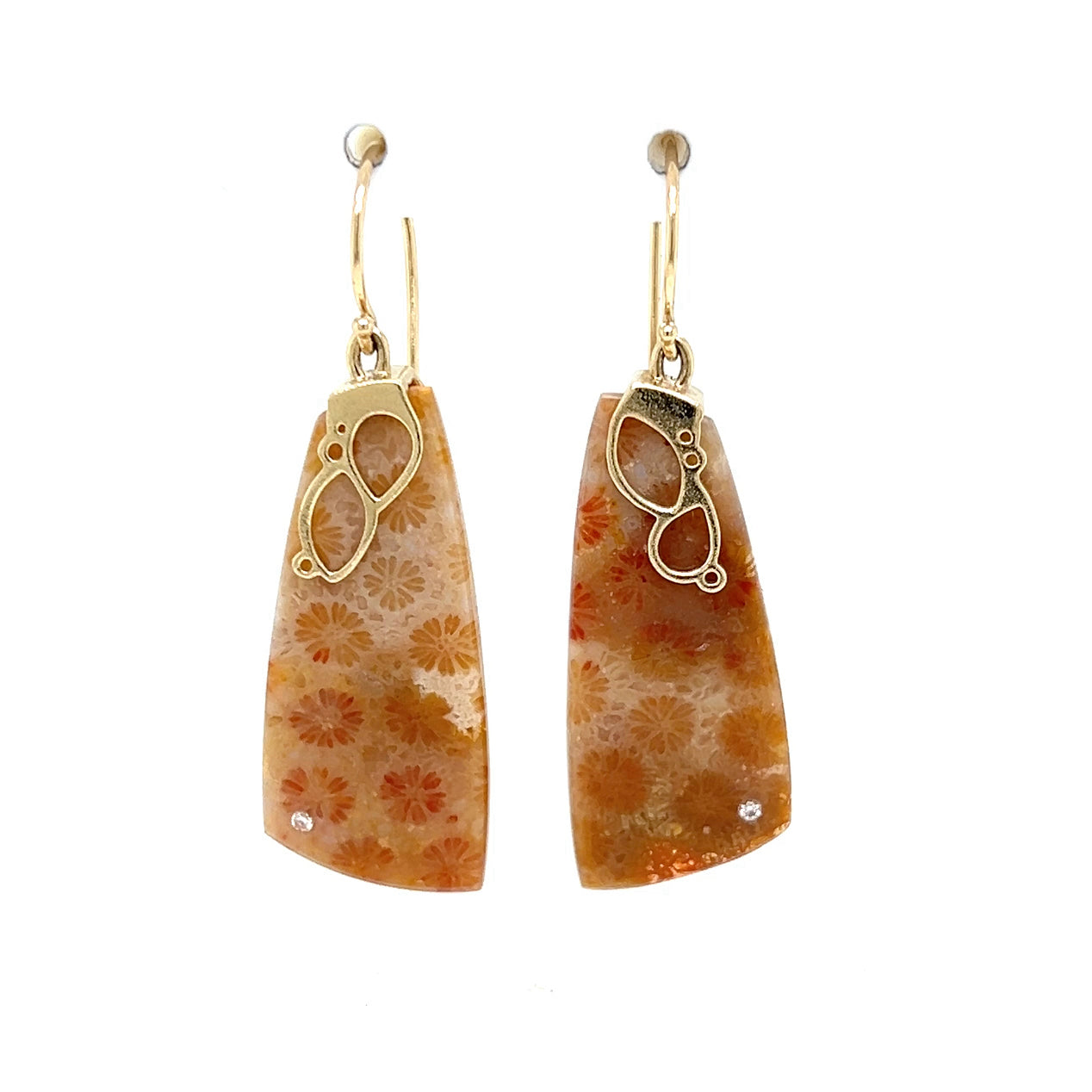 Agatized Coral, Diamond and Gold Earrings