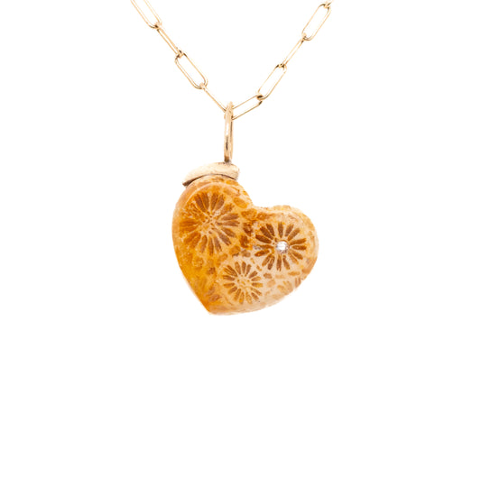 fossilized coral gold and diamond heart charm