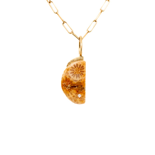 fossilized coral gold and diamond moon charm