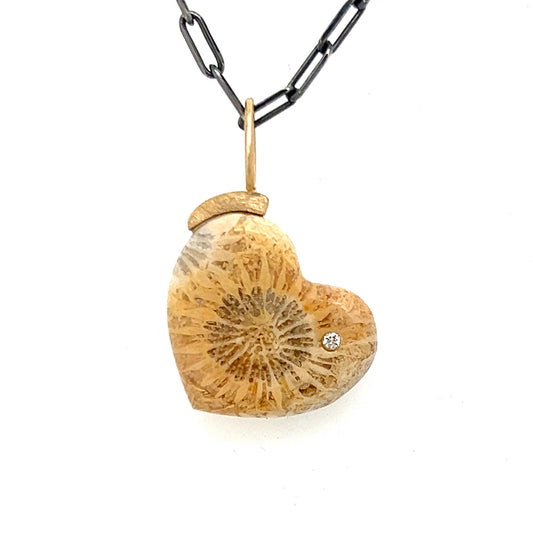 Fossilized Coral and Diamond Gold Heart Pendant