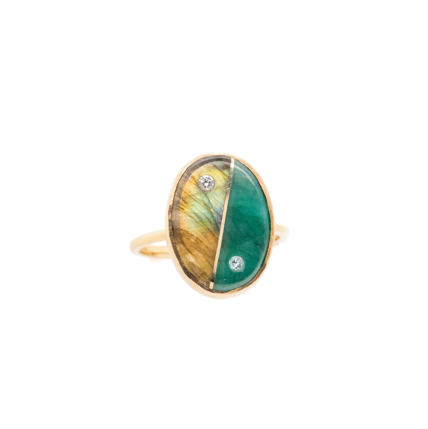 Emerald and Labradorite and Diamonds Equinox Intarsia Gold Ring