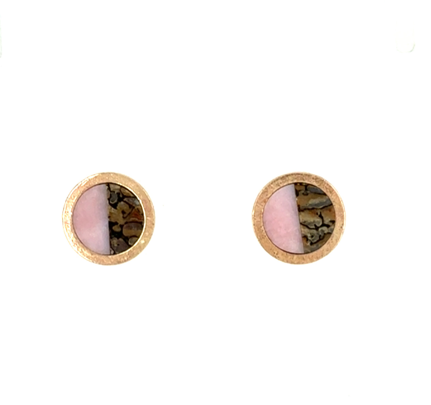 Pink Opal and Dinosaur Bone Gold Intarsia Stud Earrings