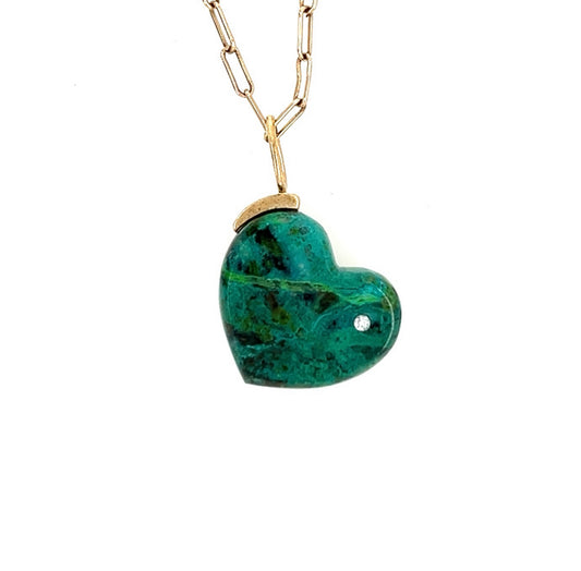 Parrot Wing Chrysocolla and Diamond Gold Heart Charm