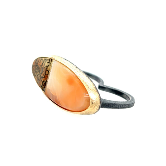 Dinosaur Bone and Carnelian Gold Inlay Two-finger Ring