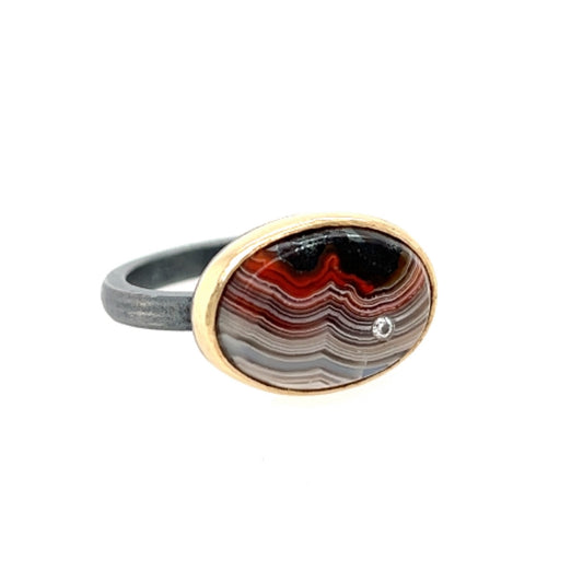 Laguna Lace Agate and Diamond Elliptical Orbit Gold Ring