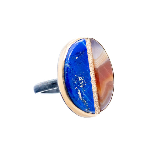 lapis and agate gold inlay ring