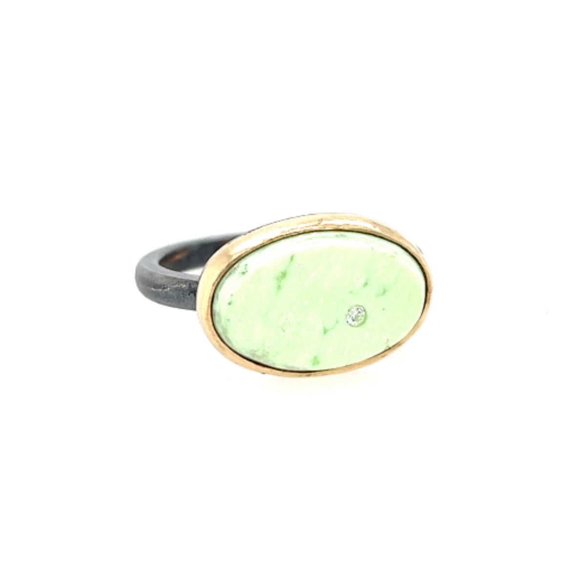 Lemon Chrysoprase and Diamond Elliptical Orbit Gold Ring