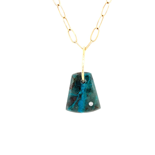 Gem Silica Chrysocolla and Diamond Gold Pebble Charm