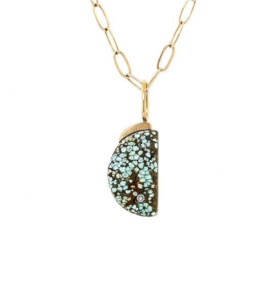 Turquoise and Diamond Gold Moon Pendant