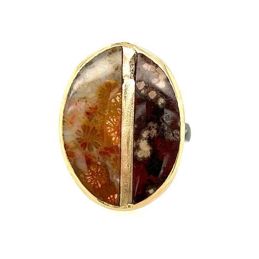Fossilized Coral and Ocean Jasper Gold Inlay Ring