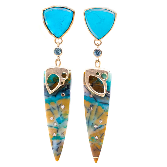 opalized wood sapphire turquoise diamonds gold earrings