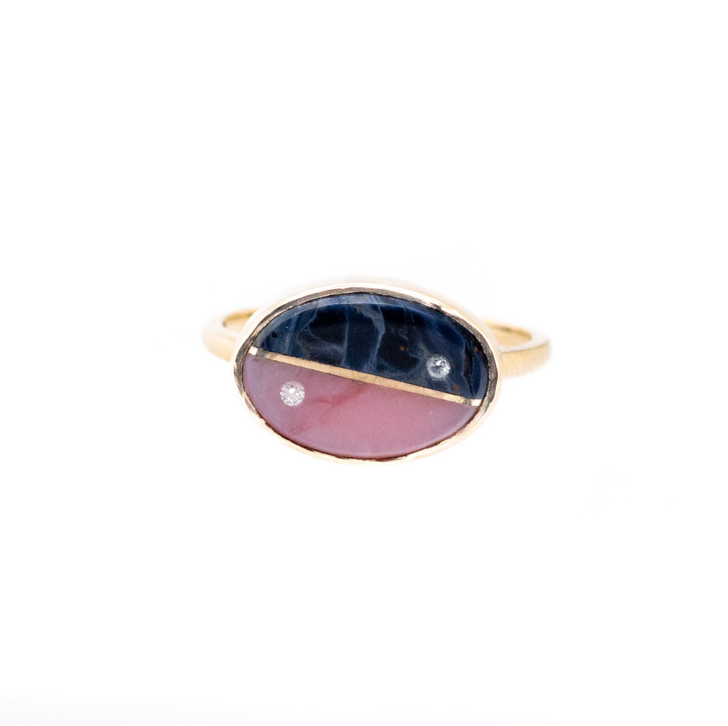Pietersite, Pink Opal and Diamonds Equinox Intarsia Gold Ring 
