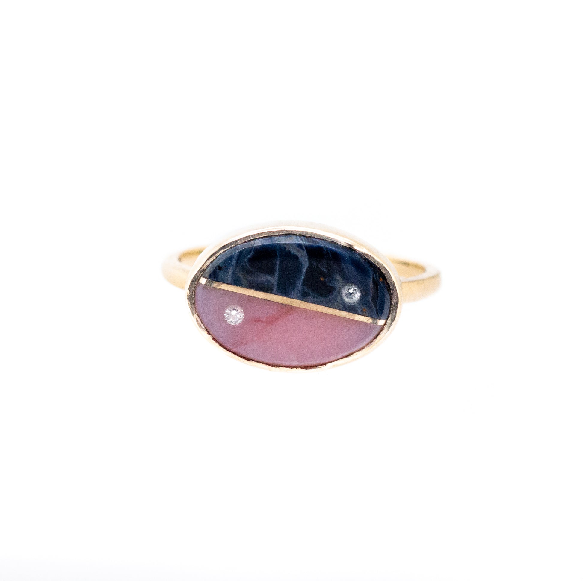 Pietersite, Pink Opal and Diamonds Equinox Intarsia Gold Ring 
