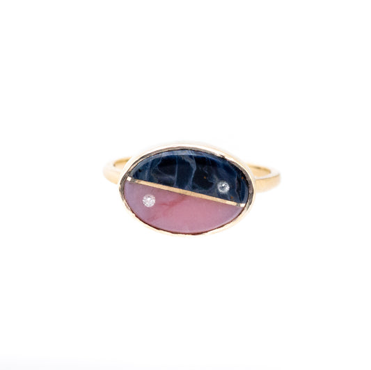 Pietersite, Pink Opal and Diamonds Equinox Intarsia Gold Ring 