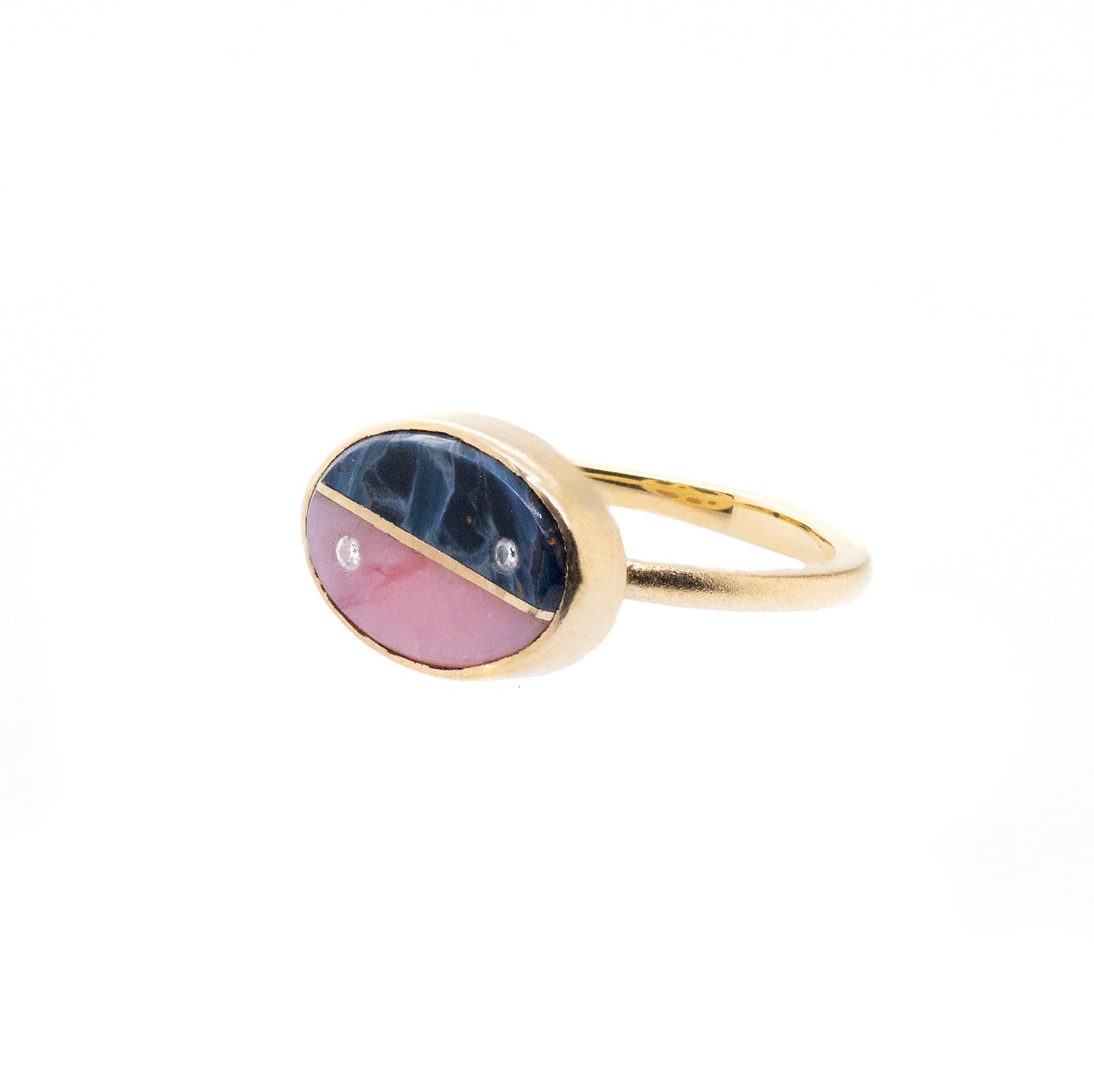 Pietersite, Pink Opal and Diamonds Equinox Intarsia Gold Ring 
