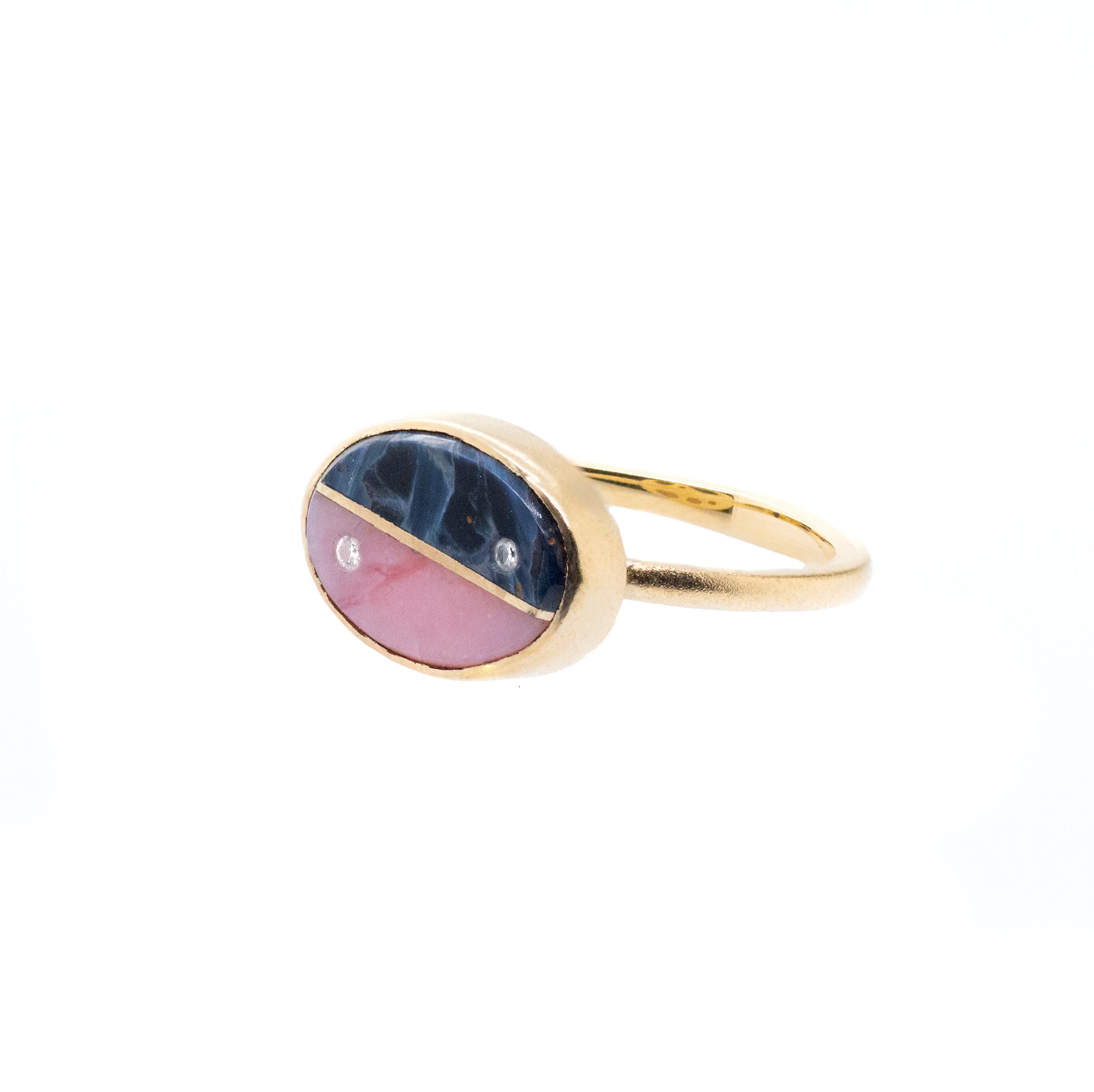 Pietersite, Pink Opal and Diamonds Equinox Intarsia Gold Ring 