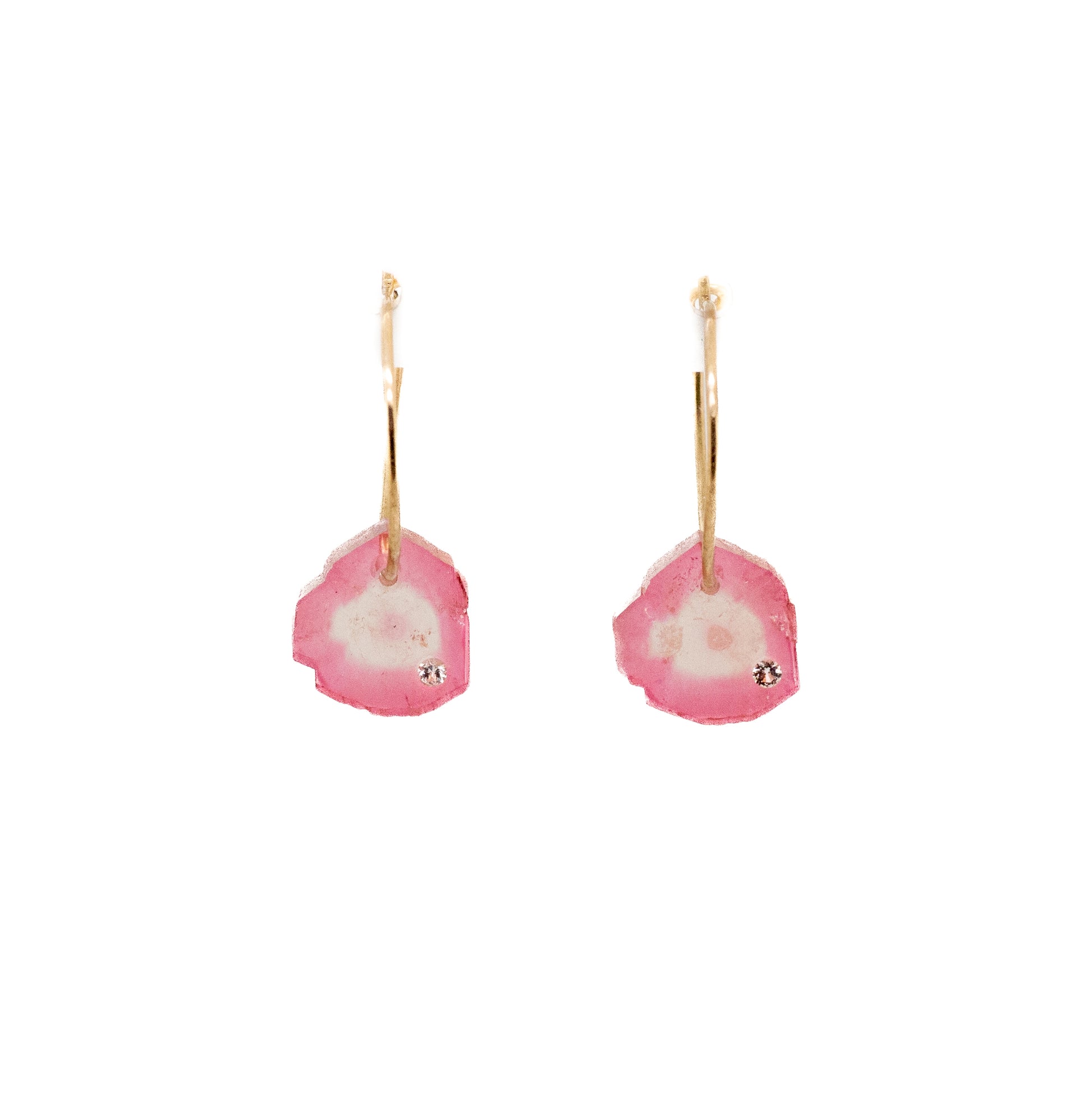 pink tourmaline slices diamonds gold hoop earrings