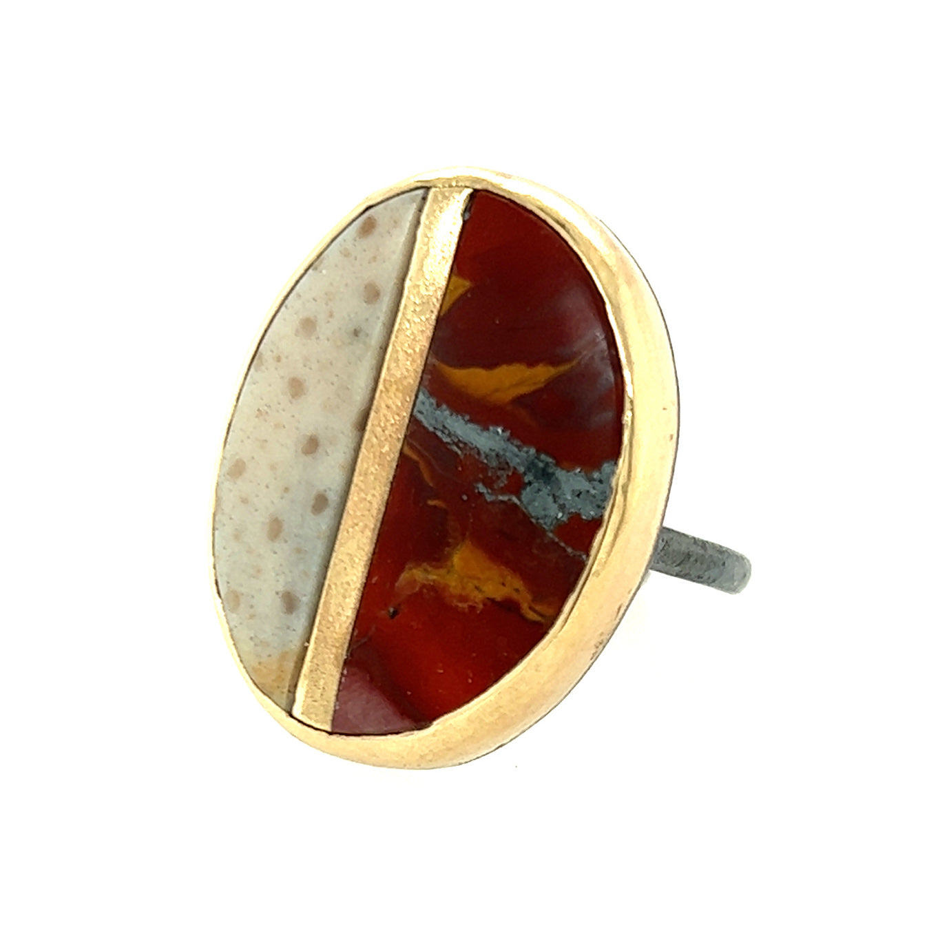 Red Jasper and Fossilized Palm Wood Gold Inlay Ring