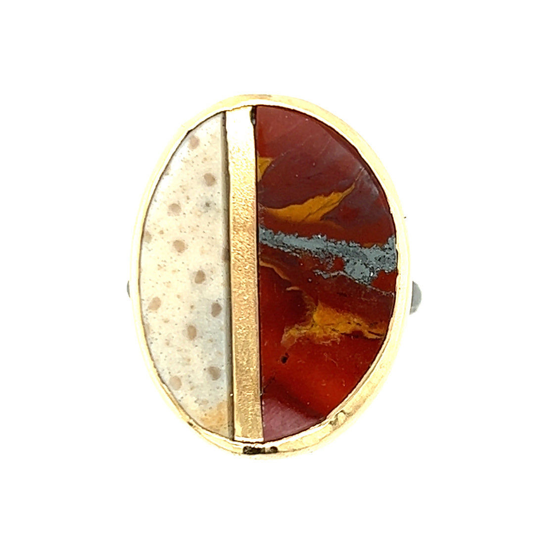 Red Jasper and Fossilized Palm Wood Gold Inlay Ring