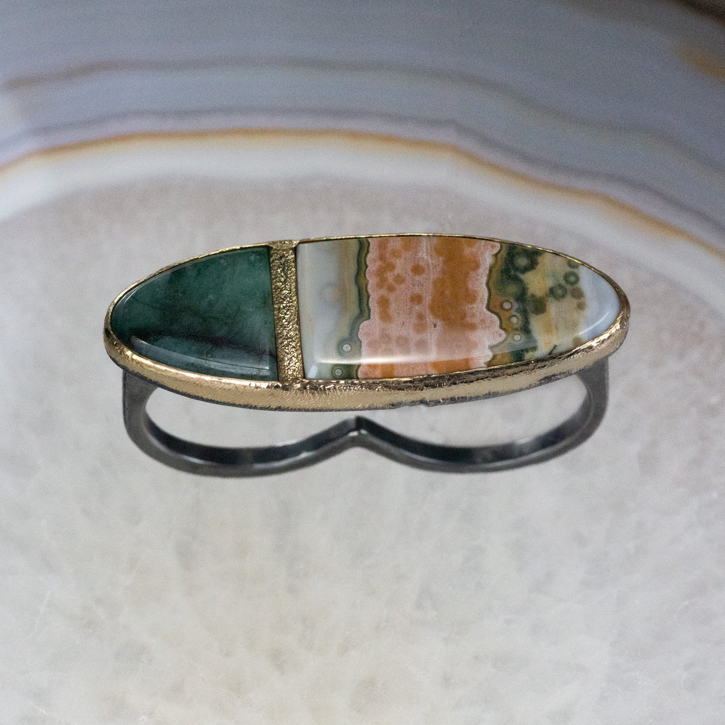 Emerald and Ocean Jasper Gold Inlay Two-finger Ring