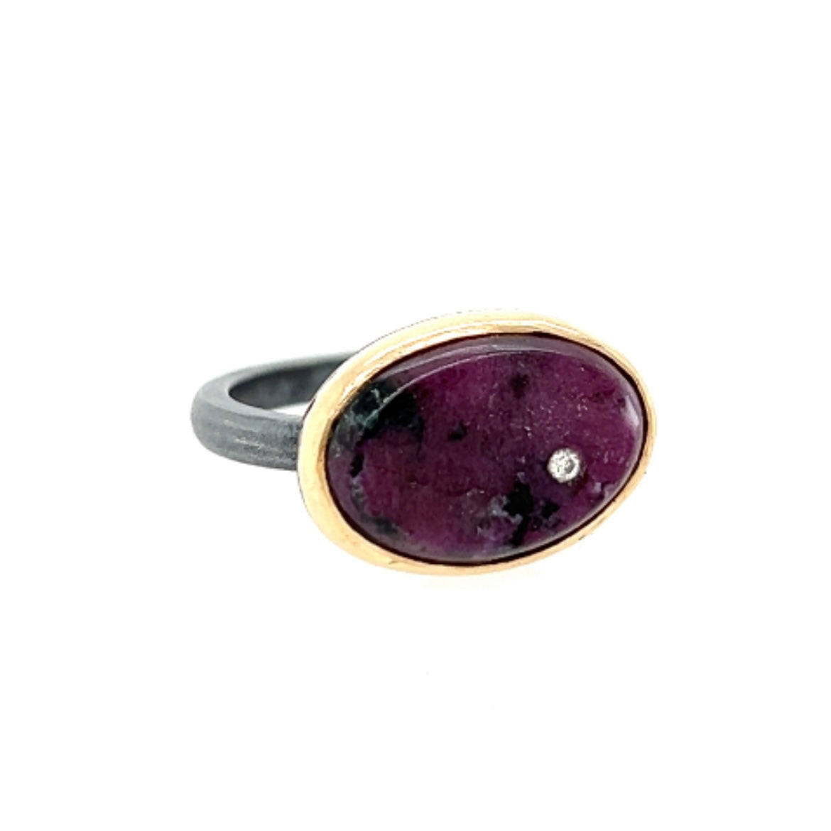 Ruby in Zoisite and Diamond Elliptical Orbit Gold Ring